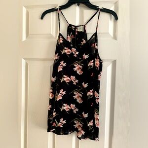 Black with pink flower detail spaghetti strap halter top